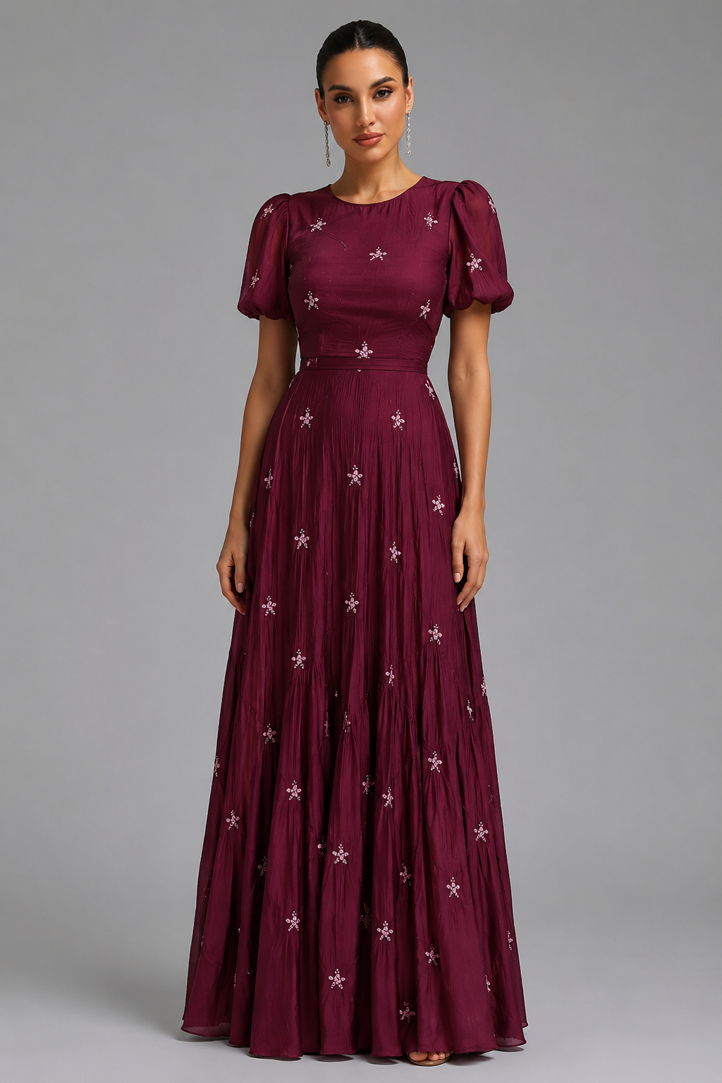 Ursula Short Sleeve Printed Waist-Cinched Tie Belt Elegant Maxi Dress