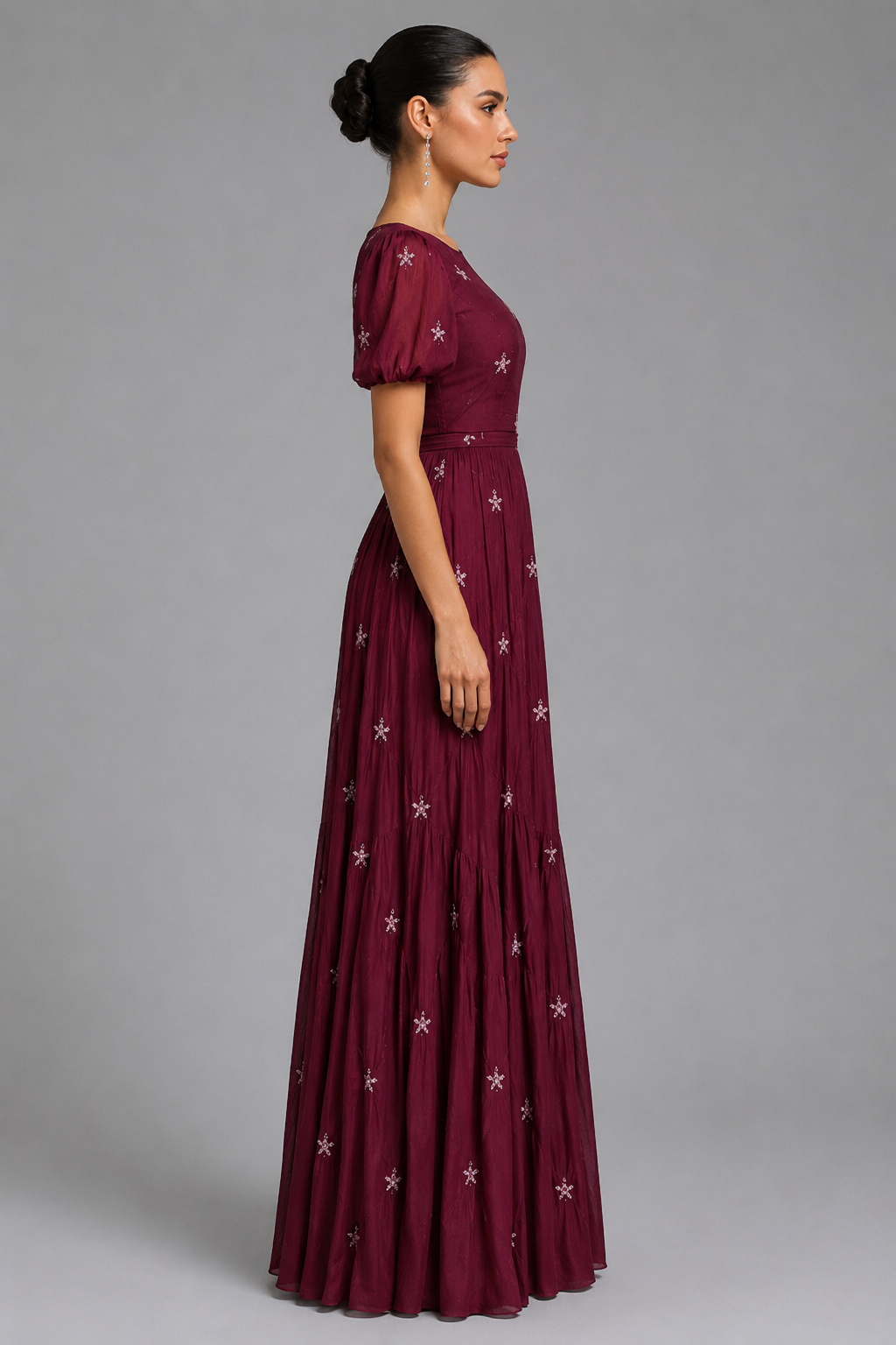 Ursula Short Sleeve Printed Waist-Cinched Tie Belt Elegant Maxi Dress