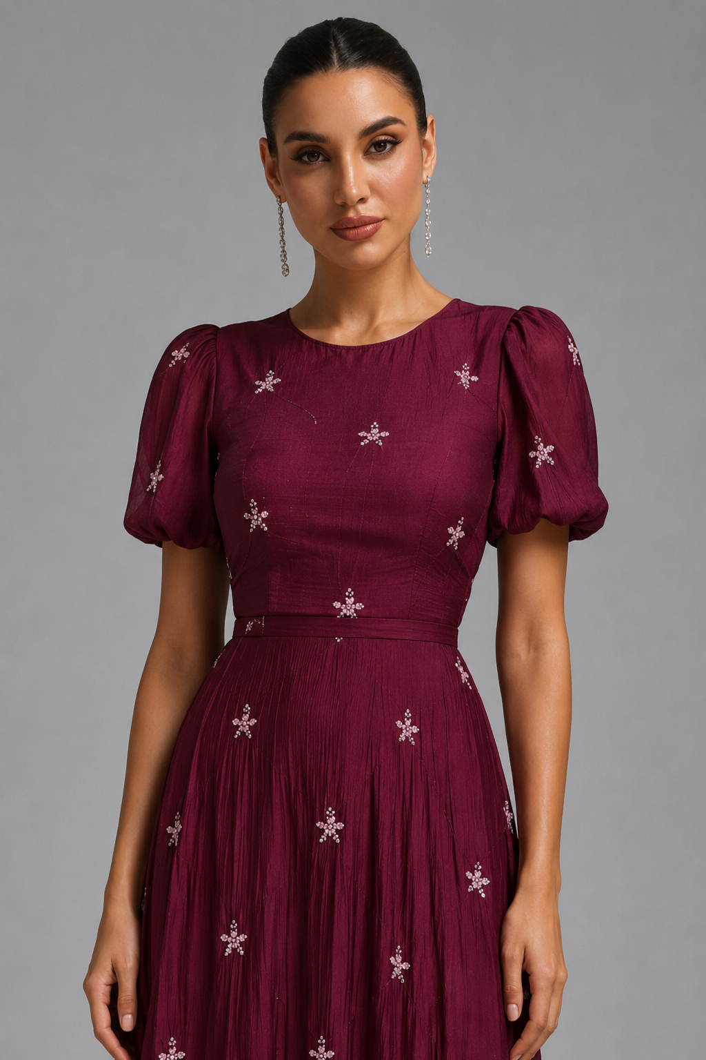 Ursula Short Sleeve Printed Waist-Cinched Tie Belt Elegant Maxi Dress
