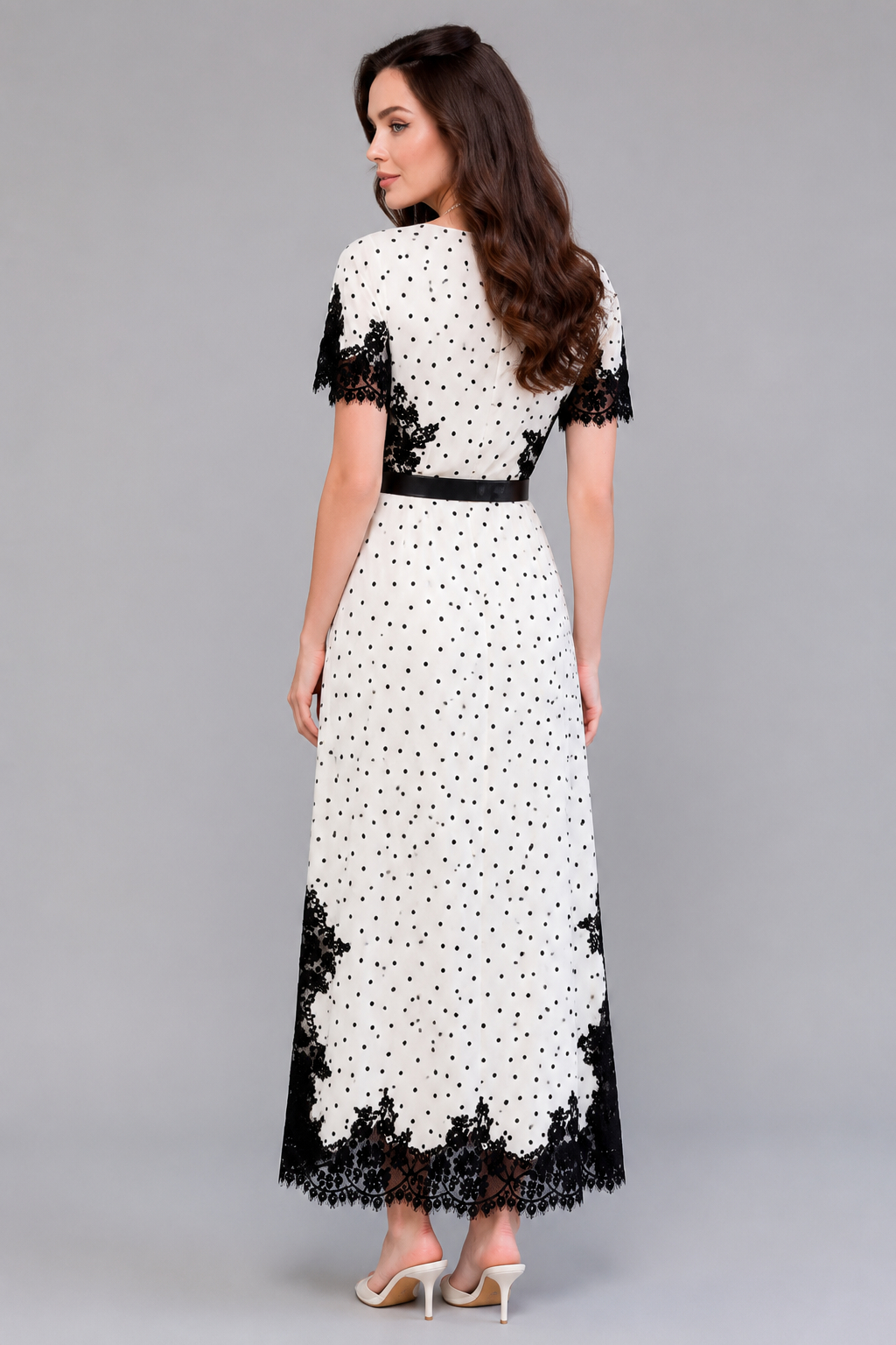 Velvet Waist-Cinched Round Neck Lace Trim Polka Dot Elegant Maxi Dress