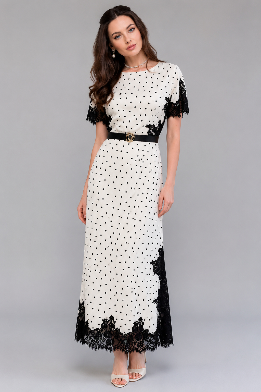 Velvet Waist-Cinched Round Neck Lace Trim Polka Dot Elegant Maxi Dress