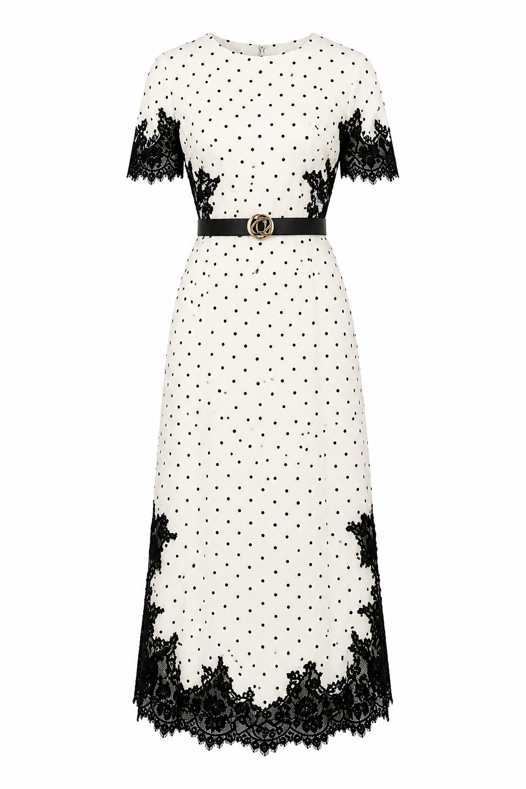 Velvet Waist-Cinched Round Neck Lace Trim Polka Dot Elegant Maxi Dress
