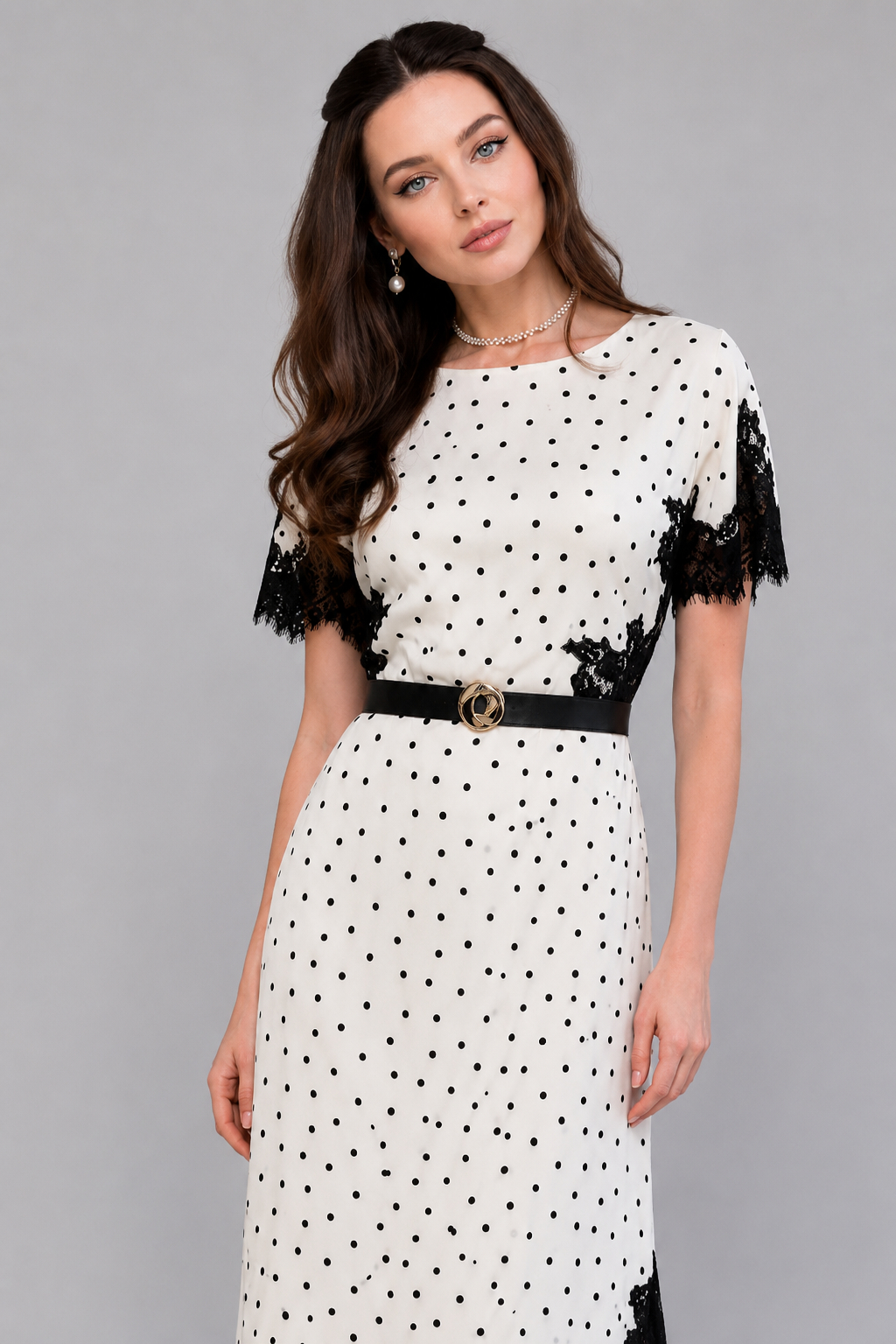 Velvet Waist-Cinched Round Neck Lace Trim Polka Dot Elegant Maxi Dress