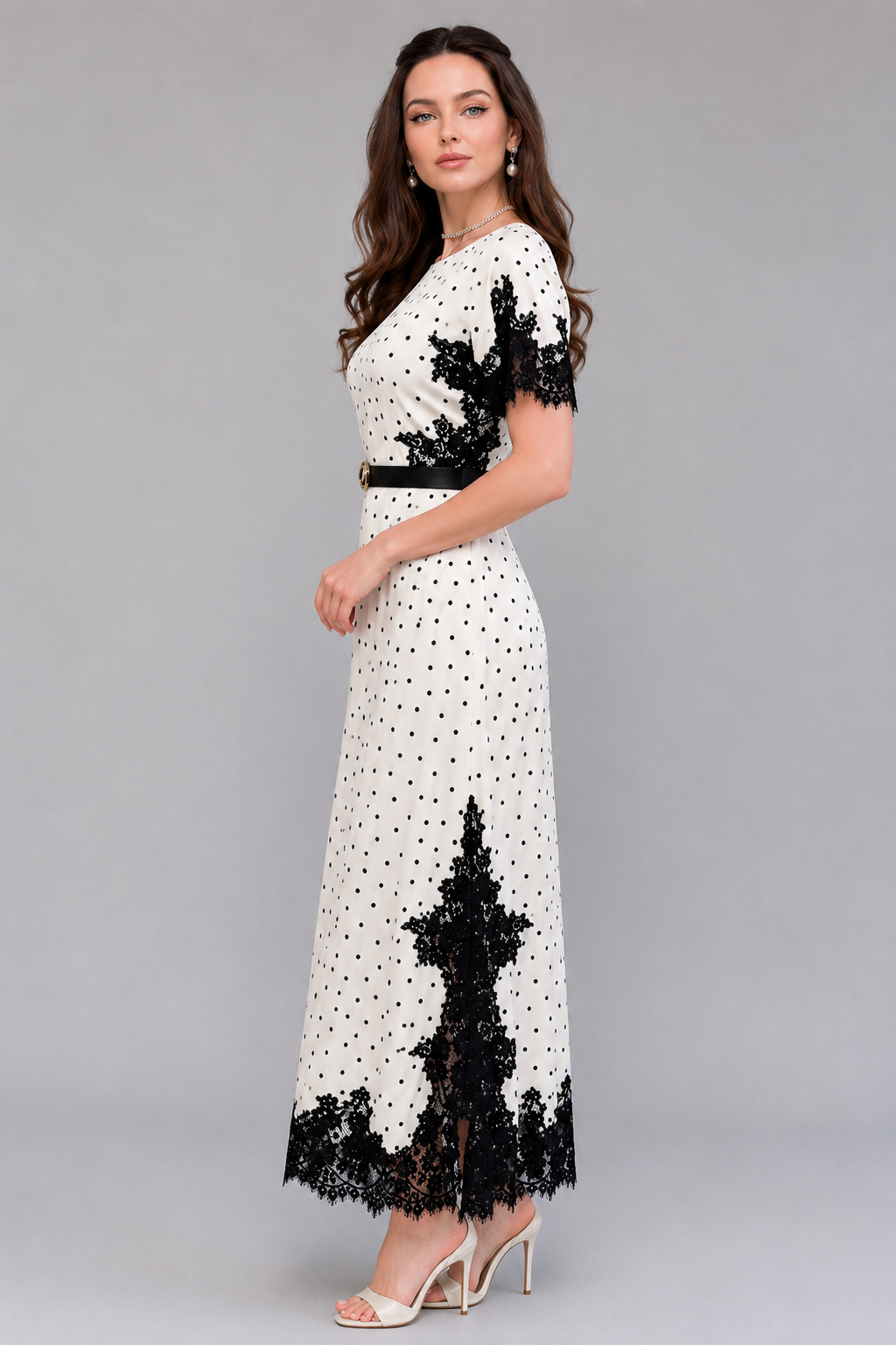 Velvet Waist-Cinched Round Neck Lace Trim Polka Dot Elegant Maxi Dress