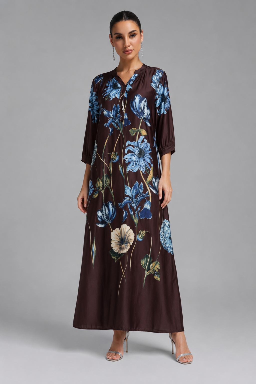 Zoe Printed Loose Fit 3/4 Sleeve Dark Brown Elegant Midi Dress