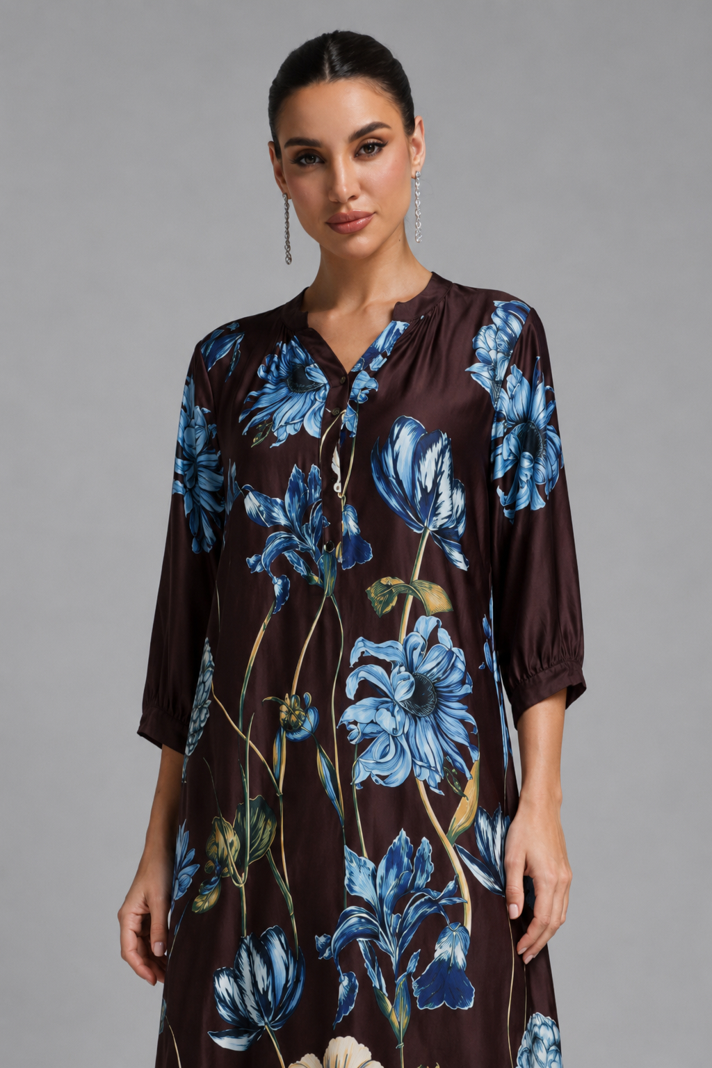 Zoe Printed Loose Fit 3/4 Sleeve Dark Brown Elegant Midi Dress