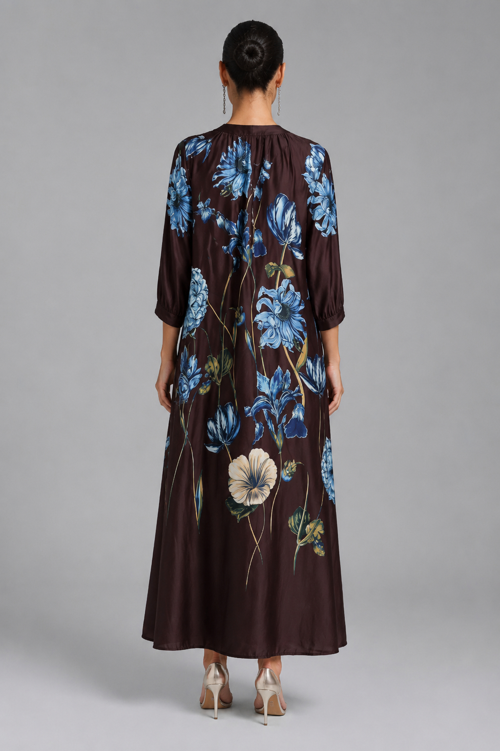 Zoe Printed Loose Fit 3/4 Sleeve Dark Brown Elegant Midi Dress
