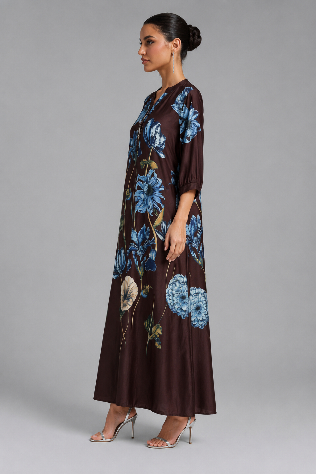 Zoe Printed Loose Fit 3/4 Sleeve Dark Brown Elegant Midi Dress
