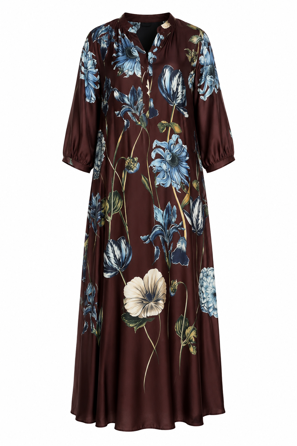 Zoe Printed Loose Fit 3/4 Sleeve Dark Brown Elegant Midi Dress
