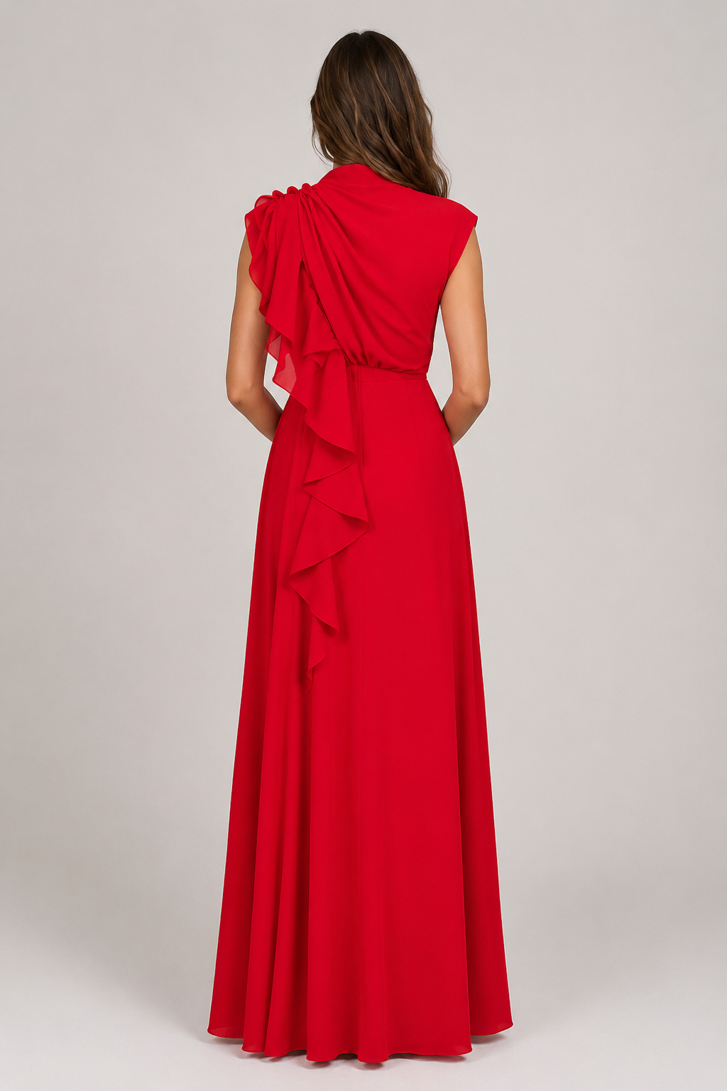 Bonnie Solid Color Designer Ruffled Flared Skirt Elegant Midi Dress