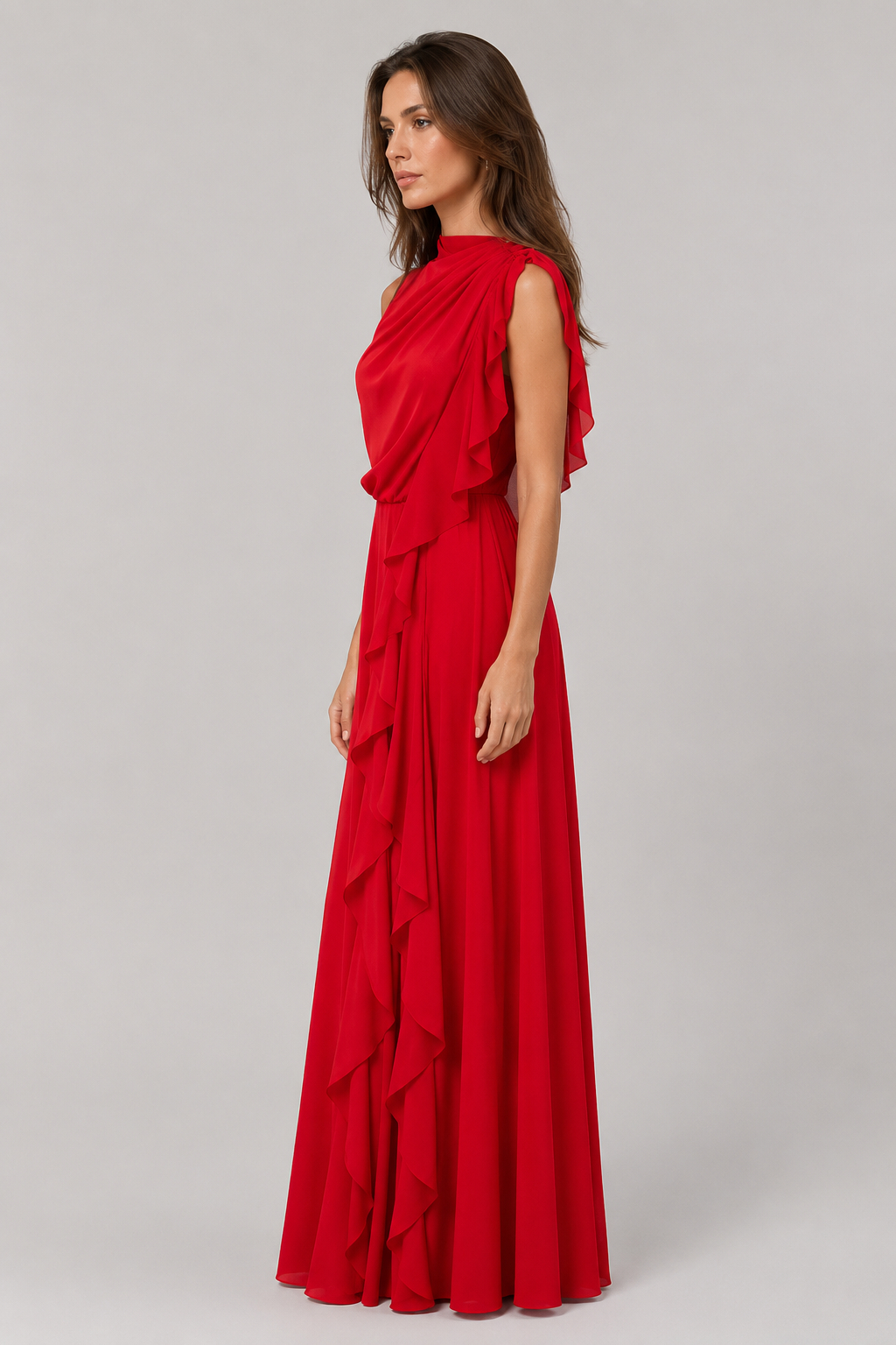 Bonnie Solid Color Designer Ruffled Flared Skirt Elegant Midi Dress