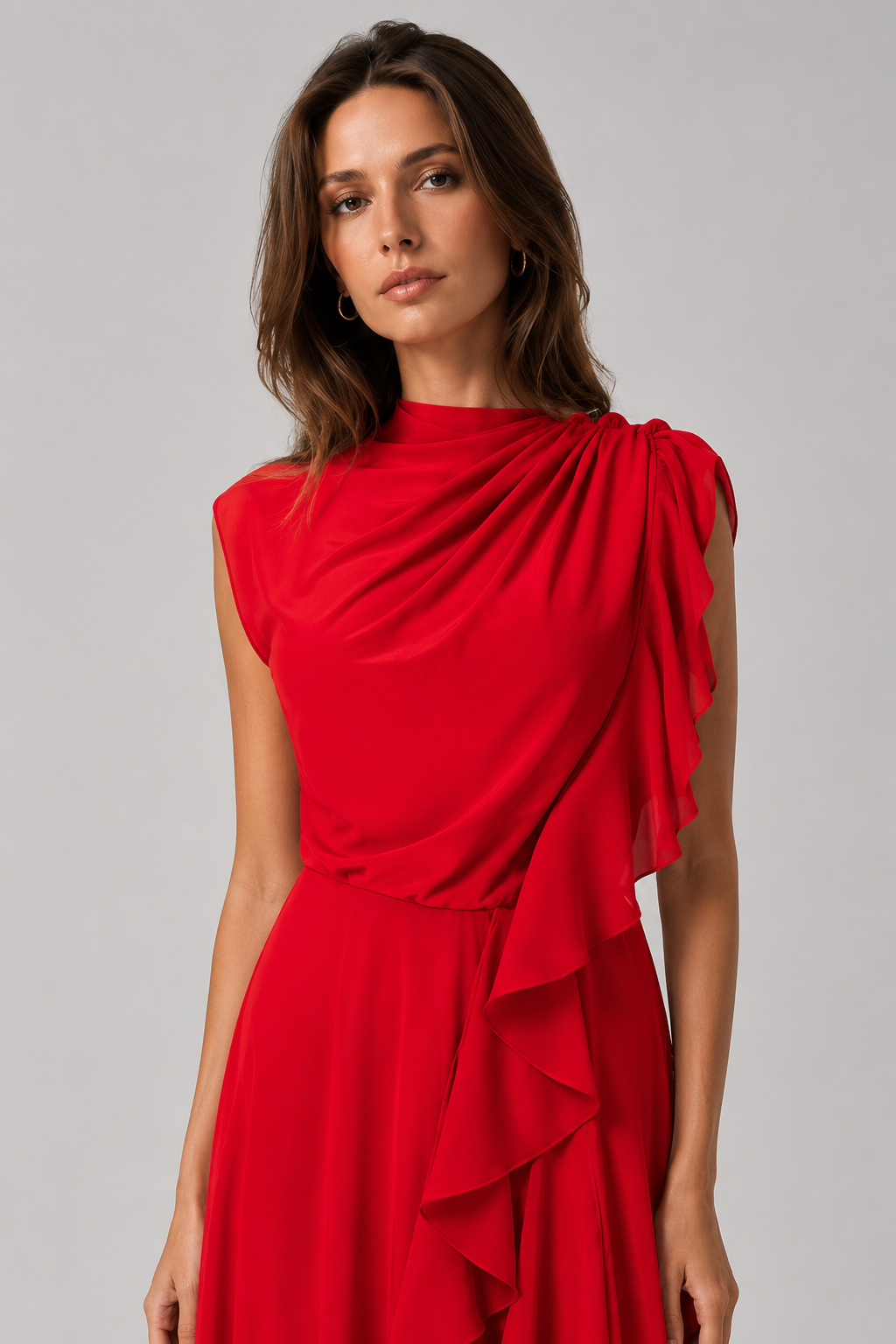 Bonnie Solid Color Designer Ruffled Flared Skirt Elegant Midi Dress