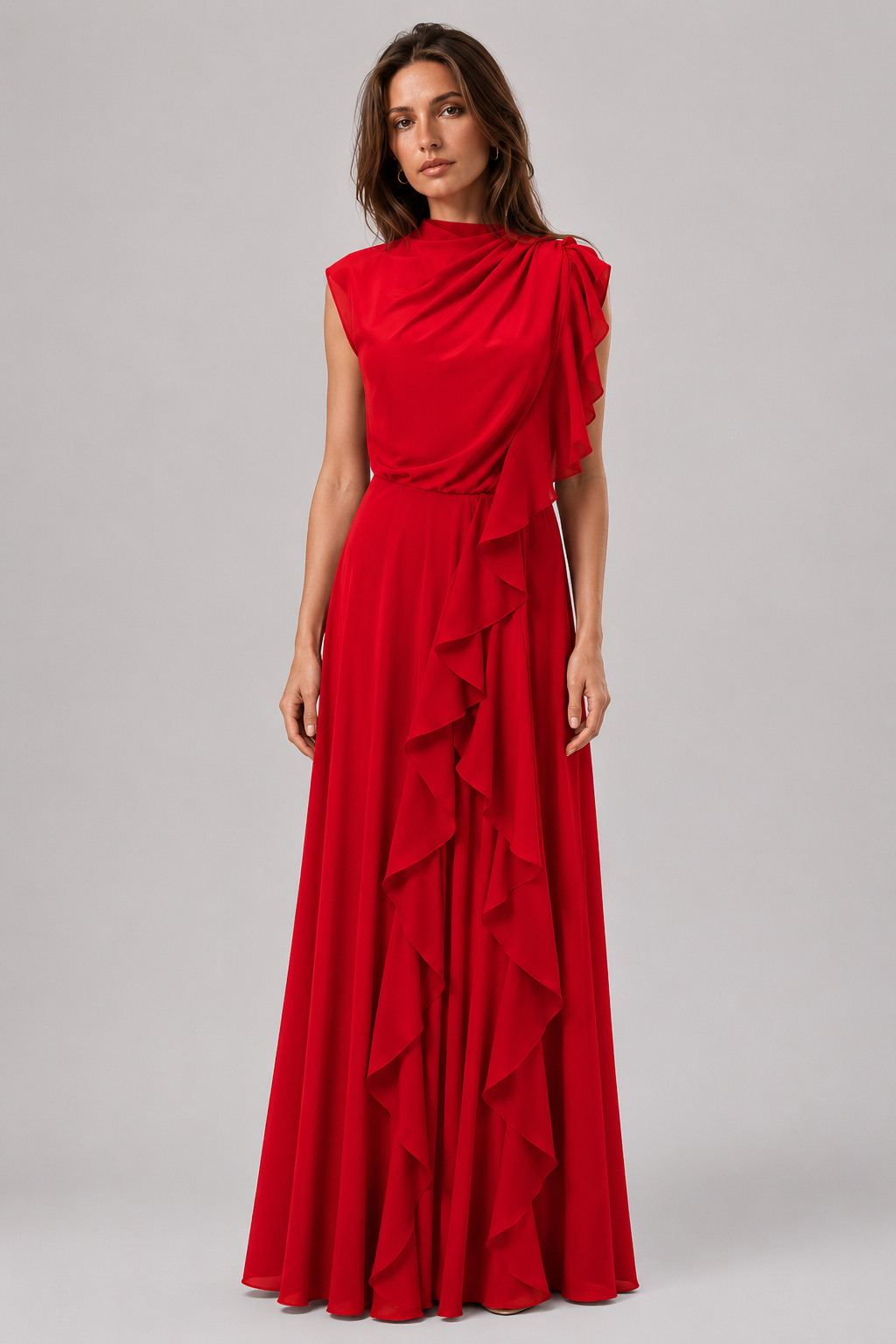 Bonnie Solid Color Designer Ruffled Flared Skirt Elegant Midi Dress