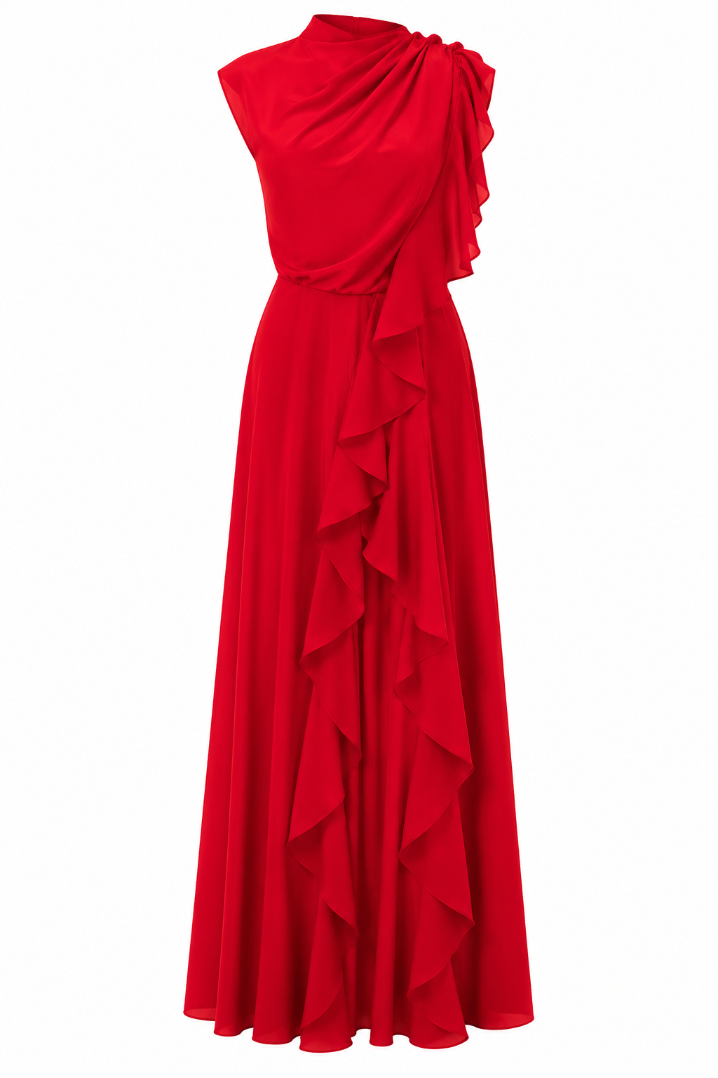 Bonnie Solid Color Designer Ruffled Flared Skirt Elegant Midi Dress