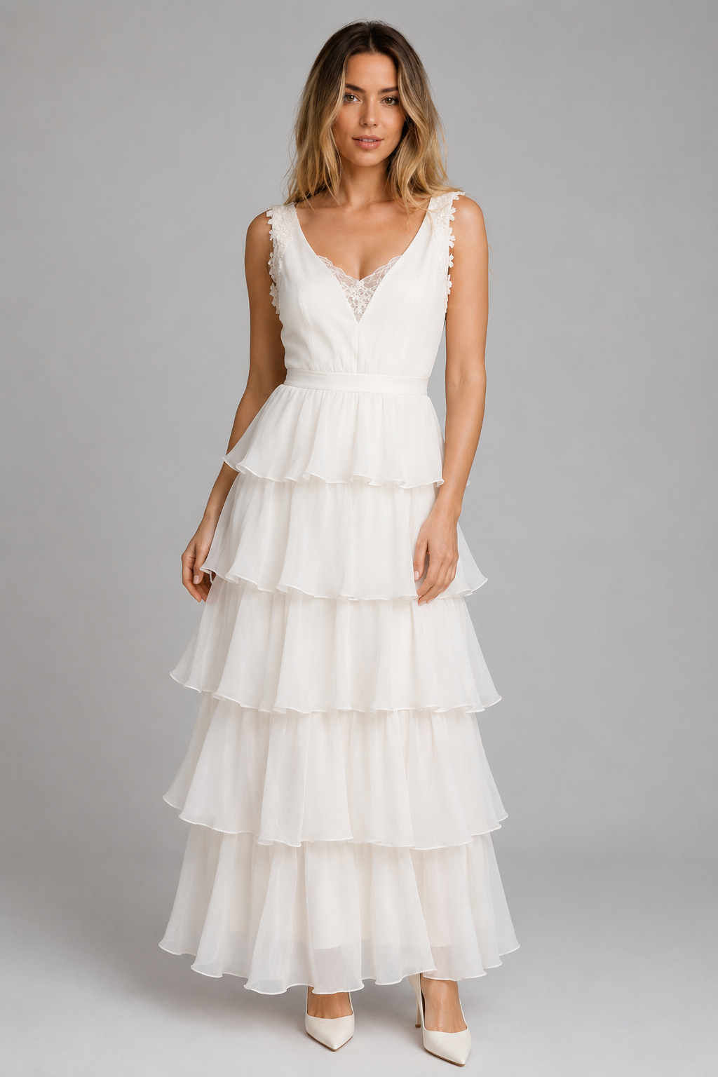 Emma Solid White Sleeveless Lace Elegant Dress