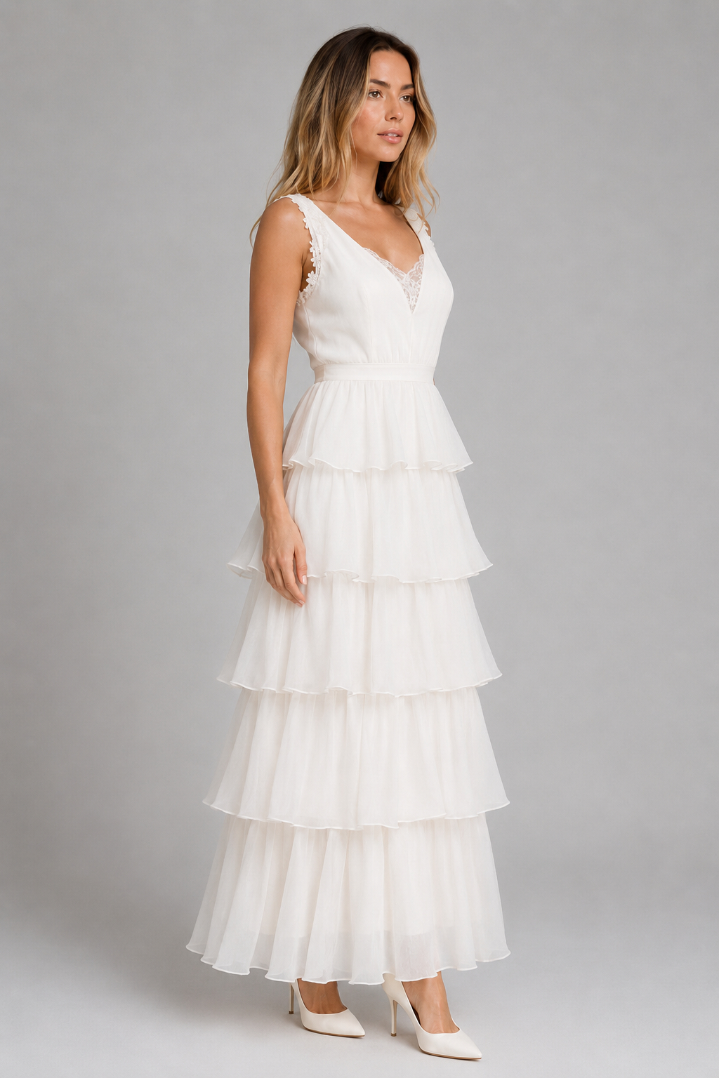Emma Solid White Sleeveless Lace Elegant Dress