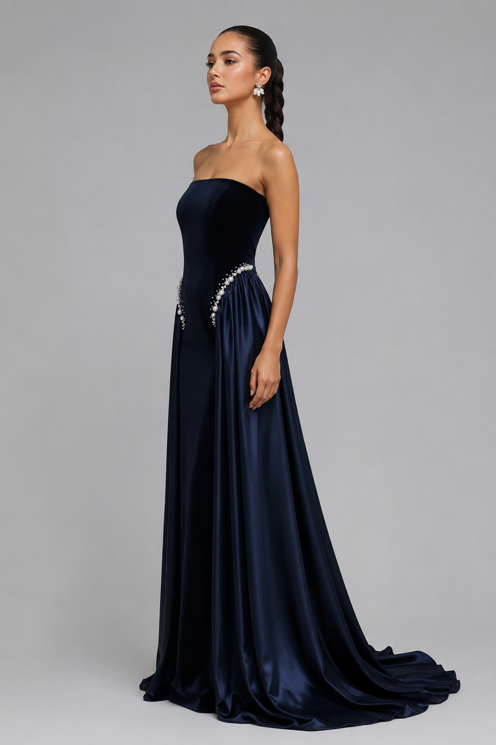 Dark Blue And Pearls Embroidered Dress