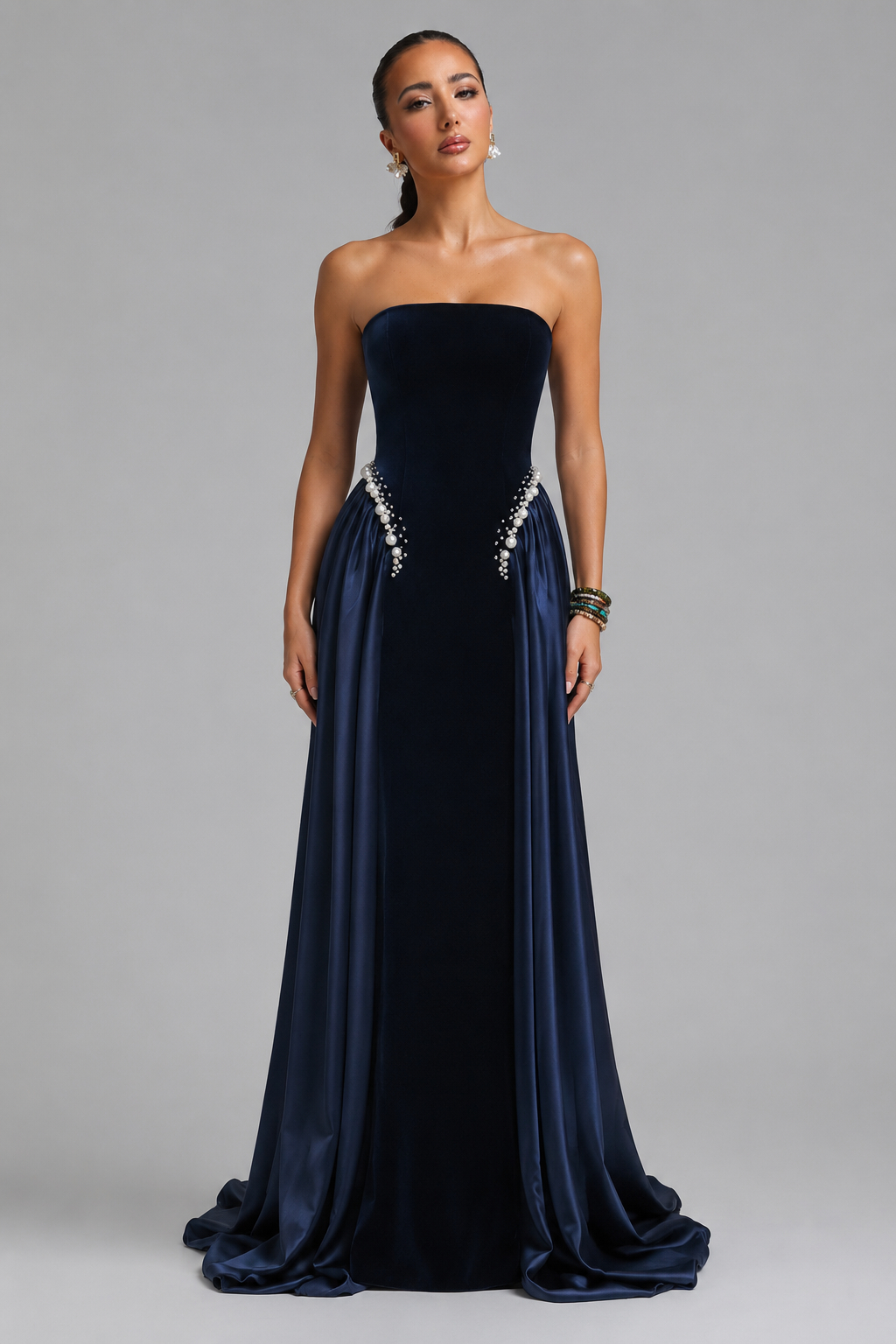 Dark Blue And Pearls Embroidered Dress