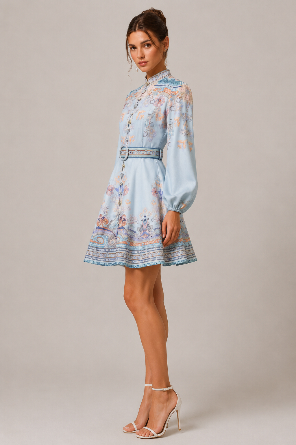 Jewel Puff Sleeve Stand Collar Single Breasted Flared Mini Dress With Matching Belt