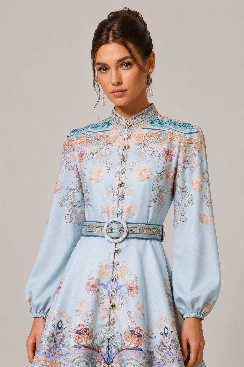 Jewel Puff Sleeve Stand Collar Single Breasted Flared Mini Dress With Matching Belt