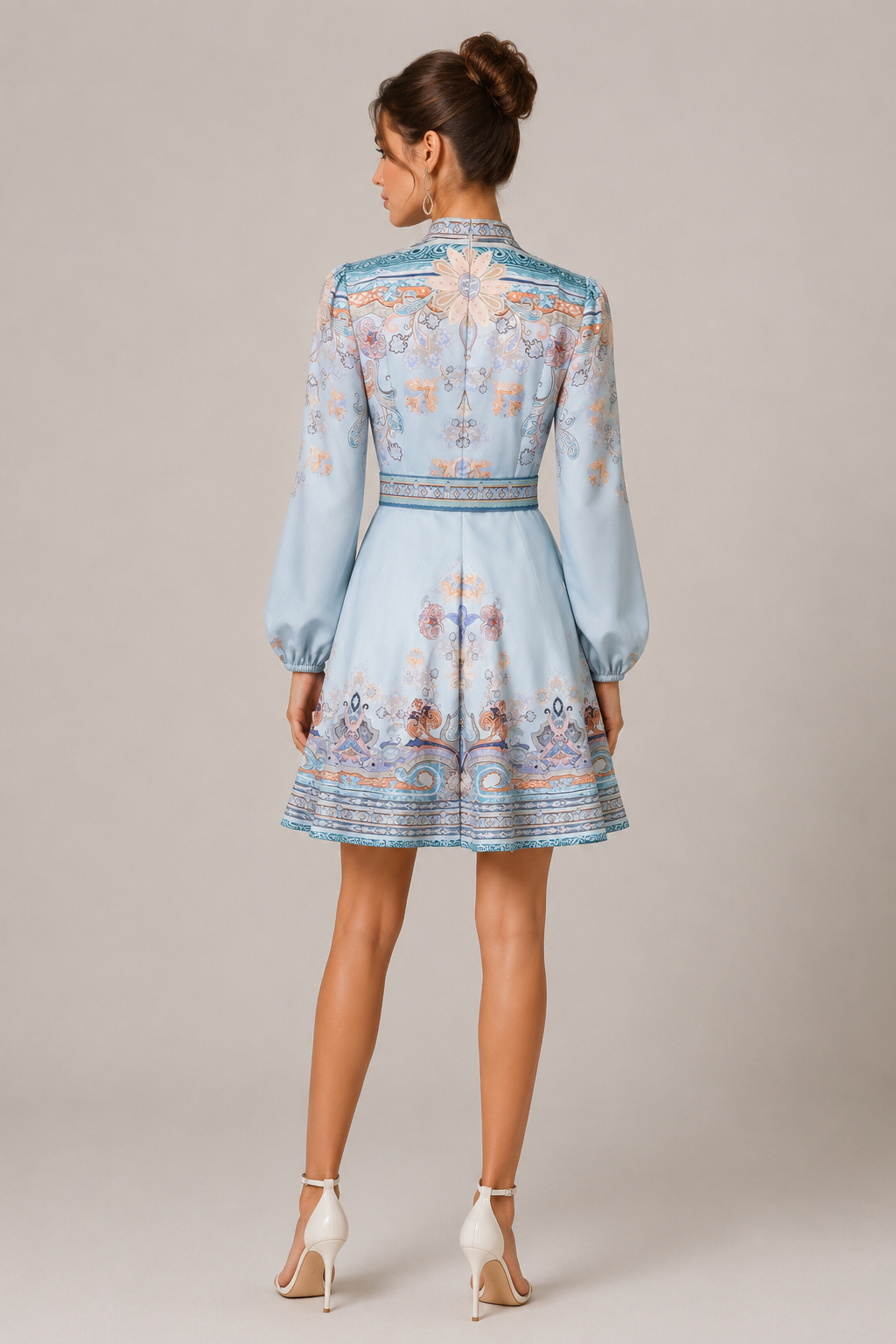 Jewel Puff Sleeve Stand Collar Single Breasted Flared Mini Dress With Matching Belt