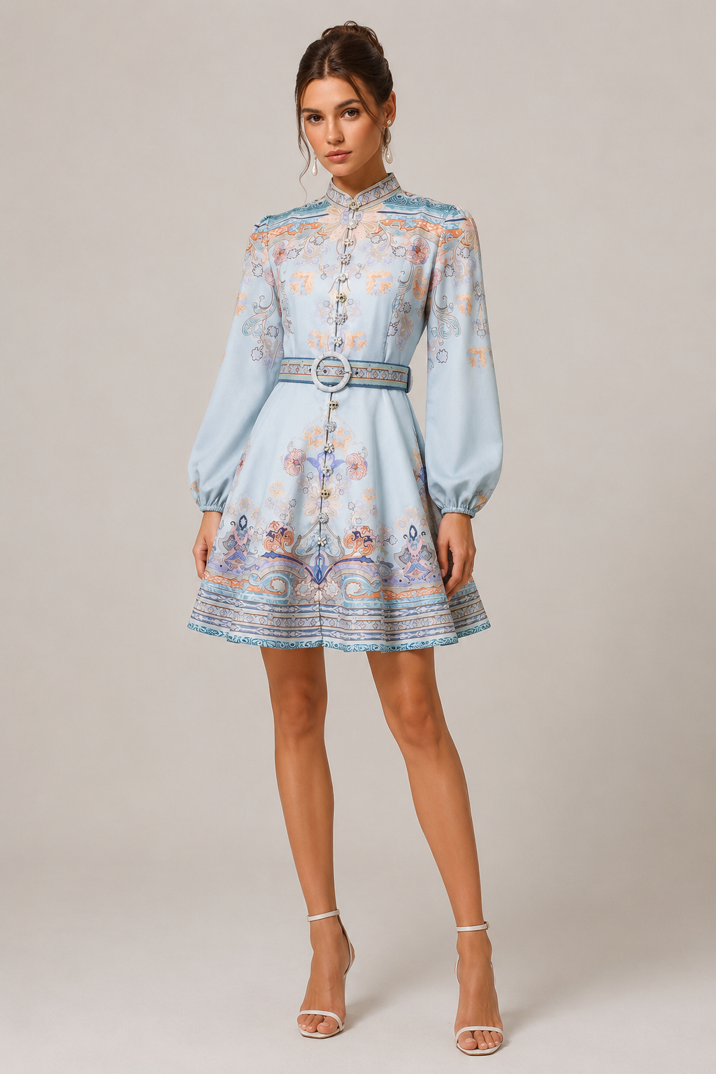 Jewel Puff Sleeve Stand Collar Single Breasted Flared Mini Dress With Matching Belt