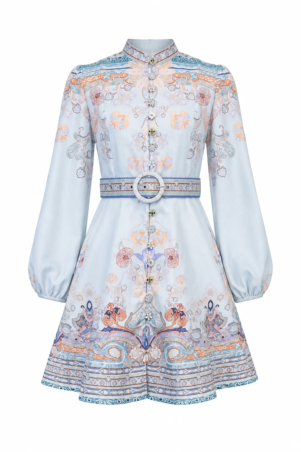 Jewel Puff Sleeve Stand Collar Single Breasted Flared Mini Dress With Matching Belt