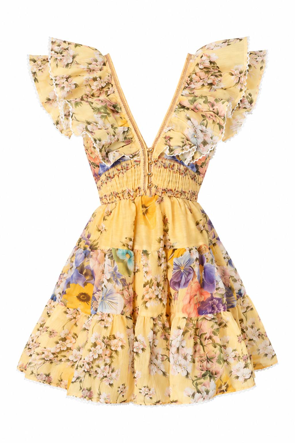 Luxury Printed Panel Deep V-Neck Dress