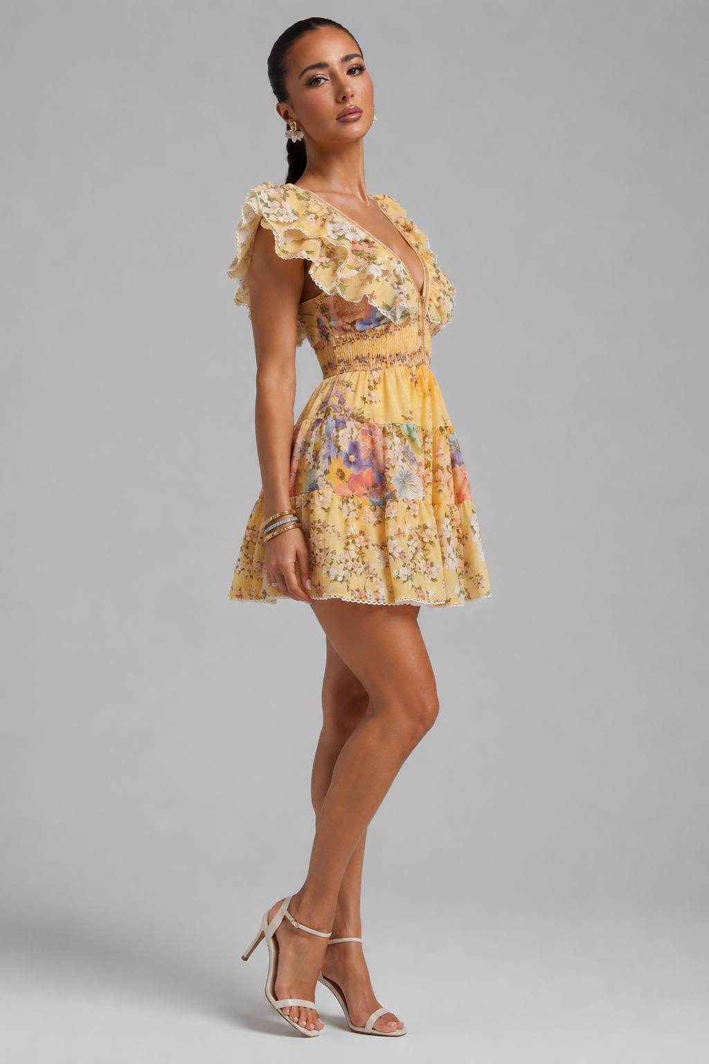 Luxury Printed Panel Deep V-Neck Dress