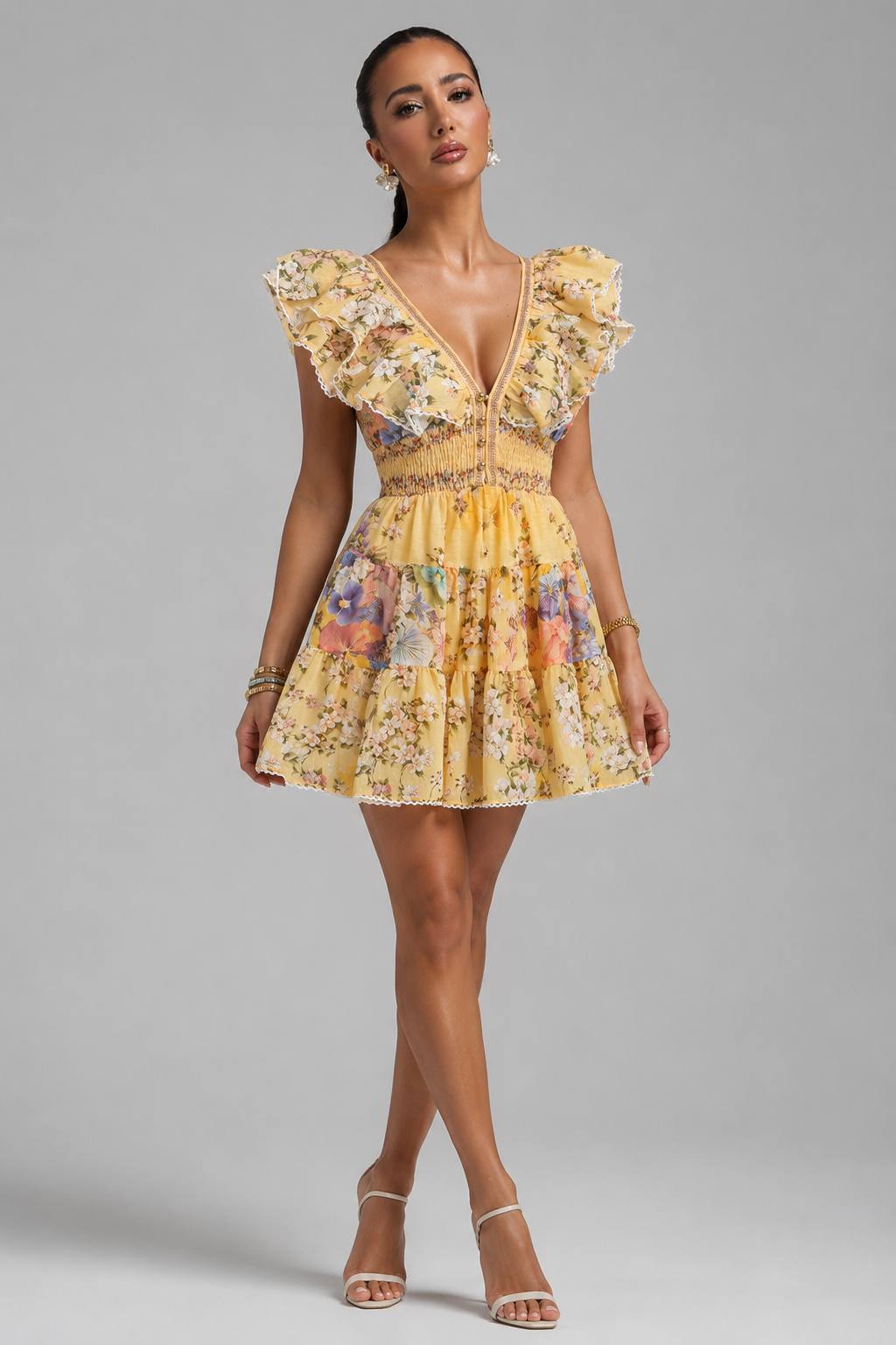 Luxury Printed Panel Deep V-Neck Dress