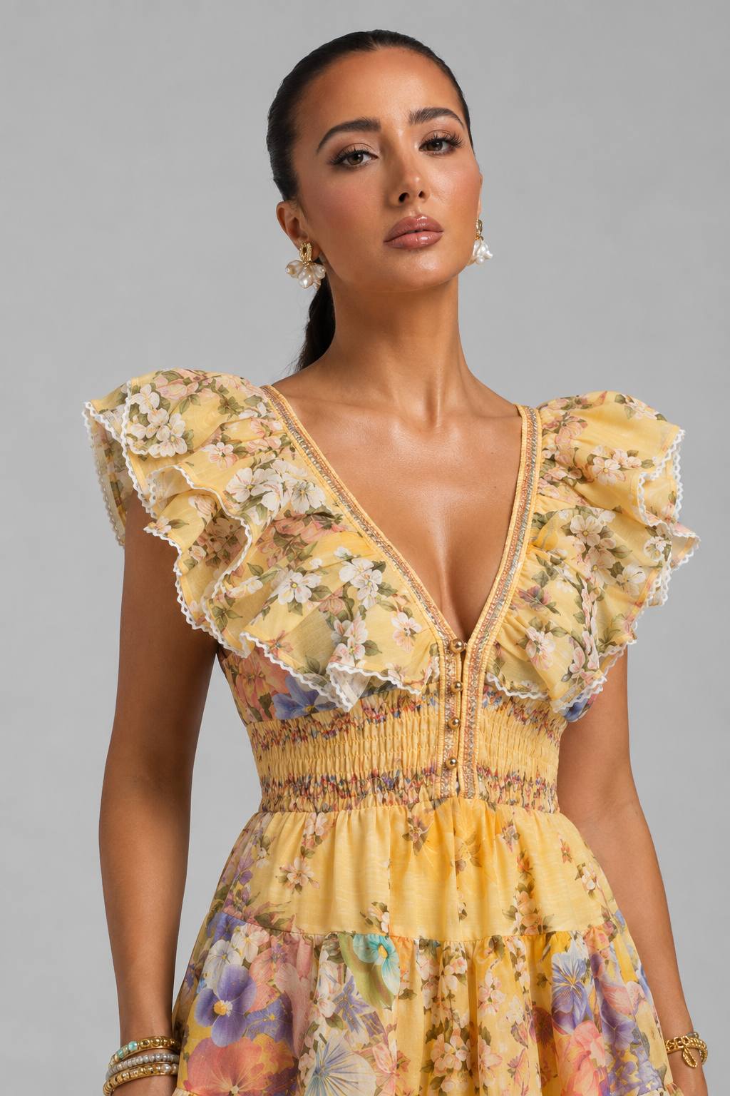 Luxury Printed Panel Deep V-Neck Dress