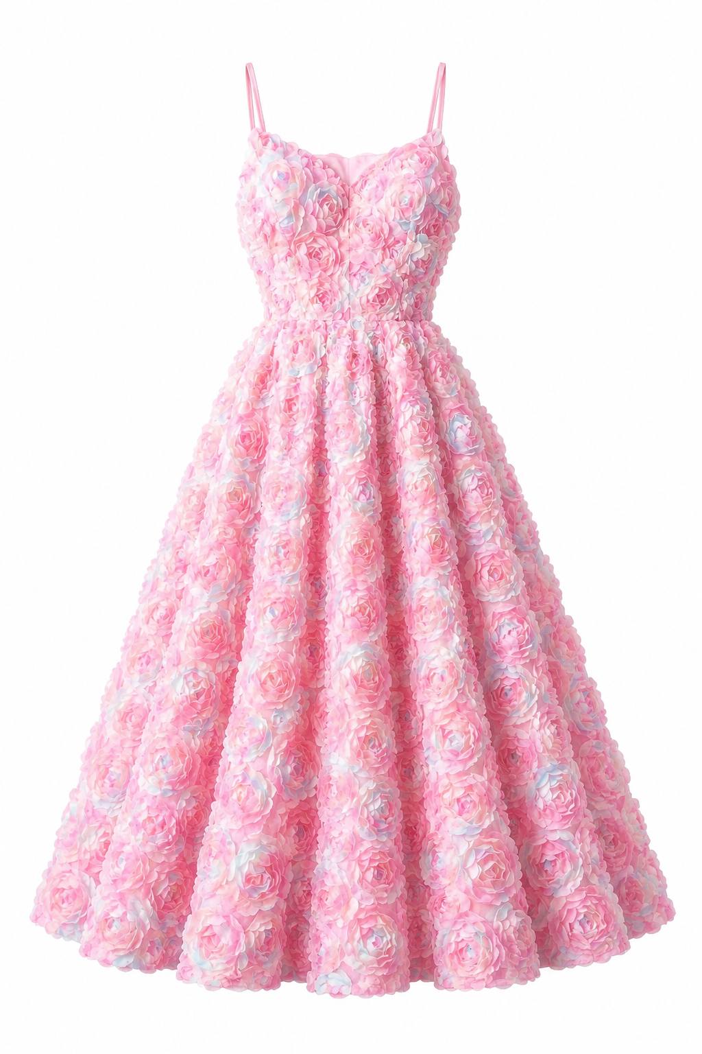 Heavy 3D Floral Rose Waist-Cinched Spaghetti Strap Evening Party Gown