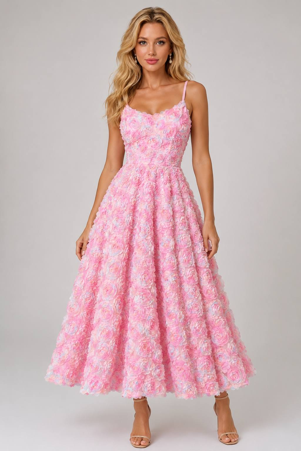 Heavy 3D Floral Rose Waist-Cinched Spaghetti Strap Evening Party Gown