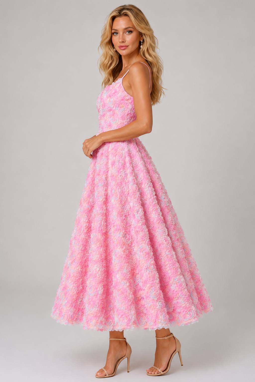 Heavy 3D Floral Rose Waist-Cinched Spaghetti Strap Evening Party Gown