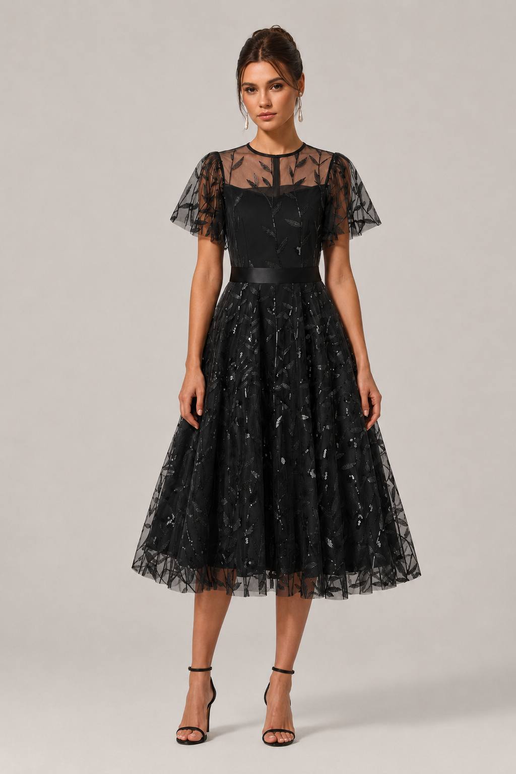 Vintage Round Neck Mesh Waist-Cinched Belted Formal Dress