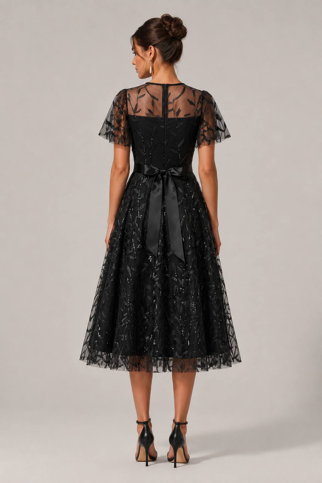 Vintage Round Neck Mesh Waist-Cinched Belted Formal Dress