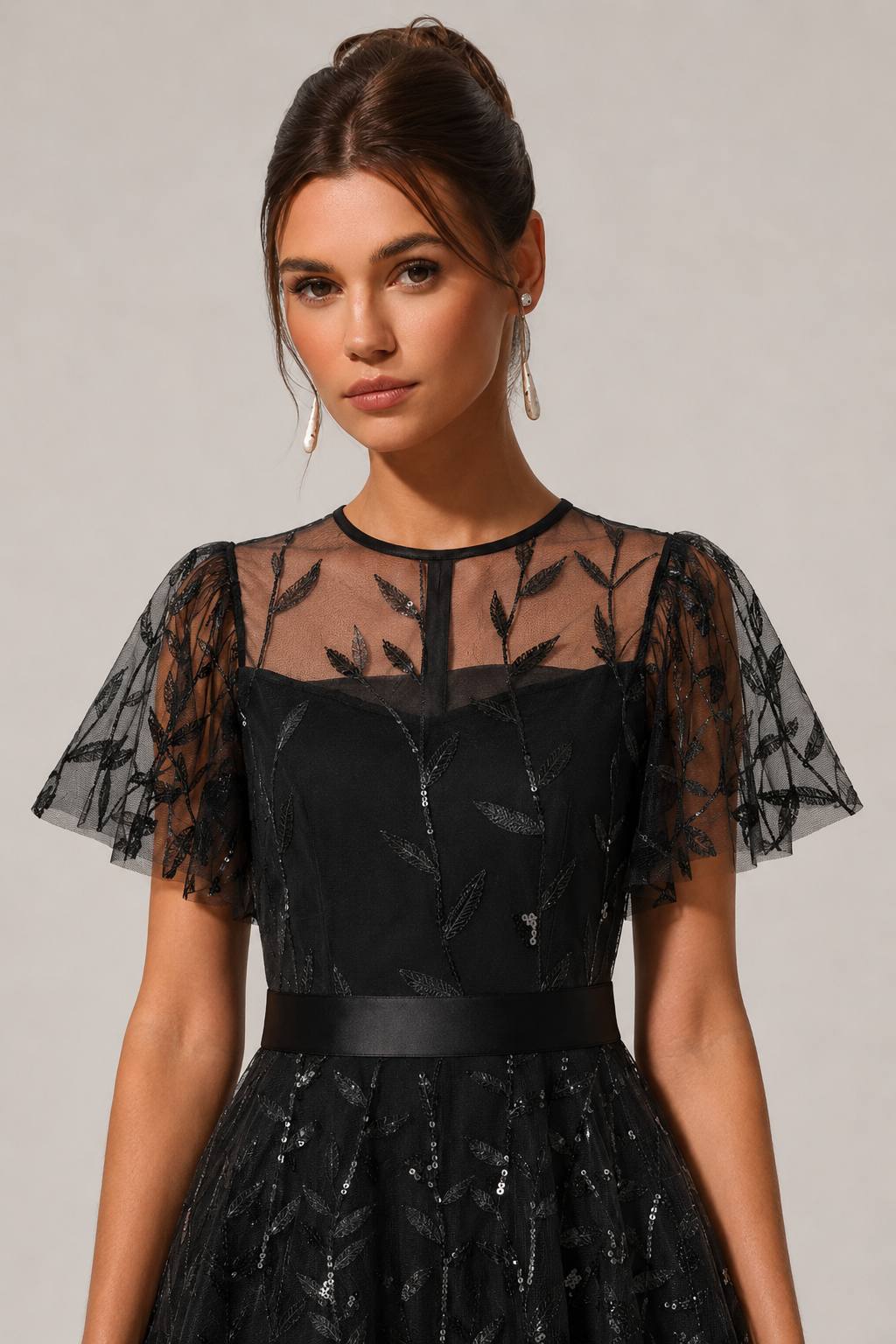 Vintage Round Neck Mesh Waist-Cinched Belted Formal Dress