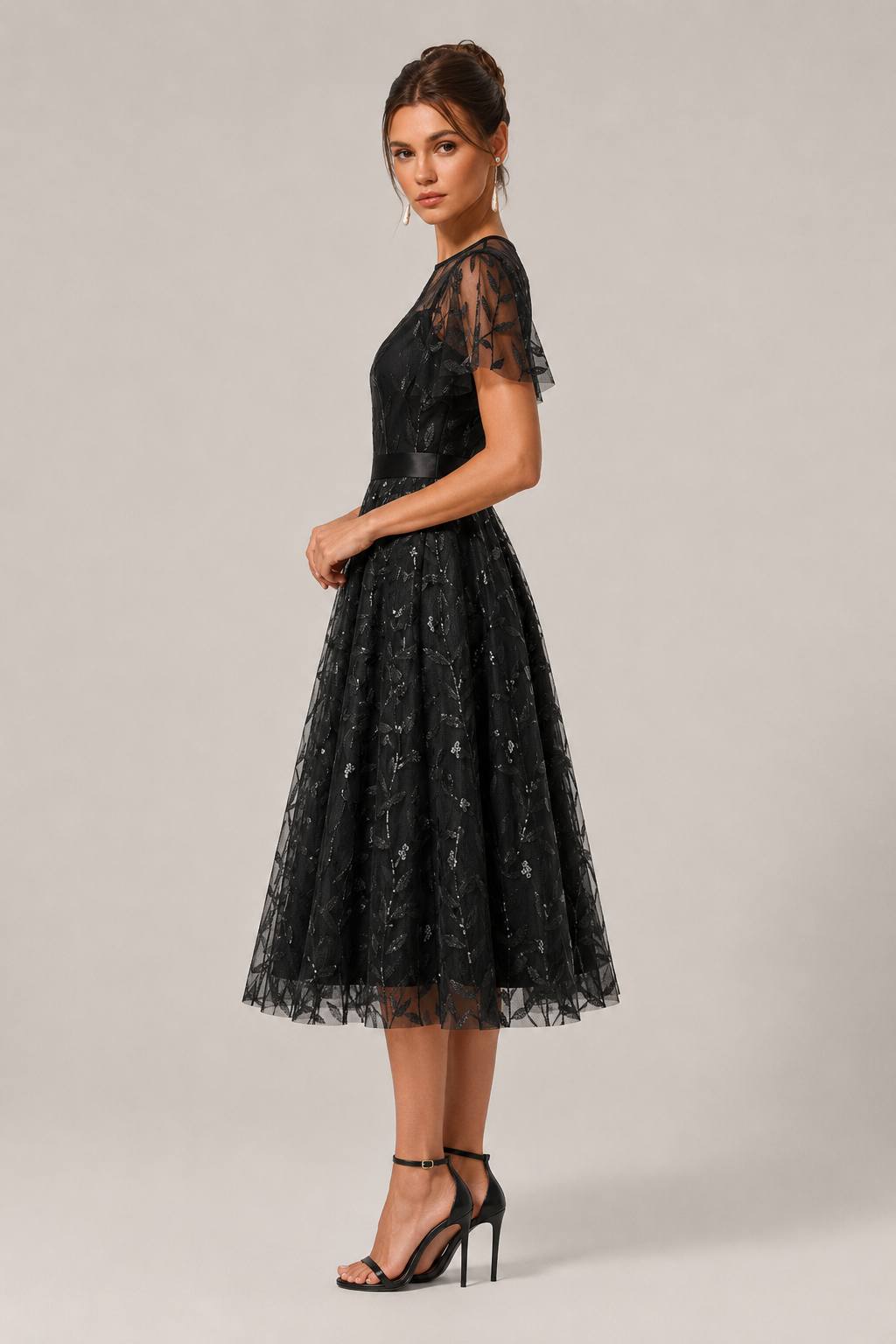 Vintage Round Neck Mesh Waist-Cinched Belted Formal Dress