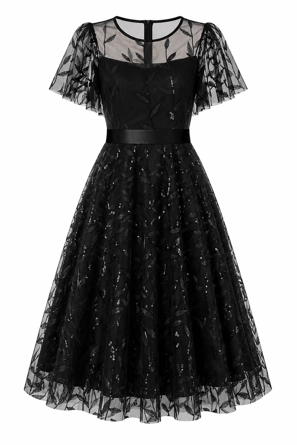 Vintage Round Neck Mesh Waist-Cinched Belted Formal Dress