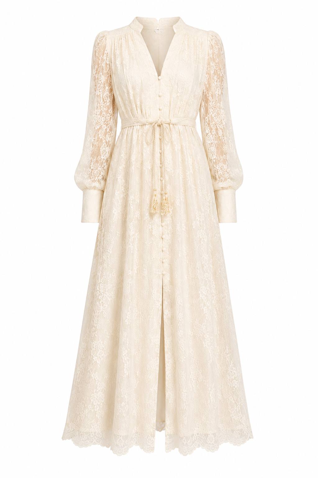 Waist-Cinched Heavy Embroidery V-Neck Lantern Sleeve Single Breasted Maxi Dress