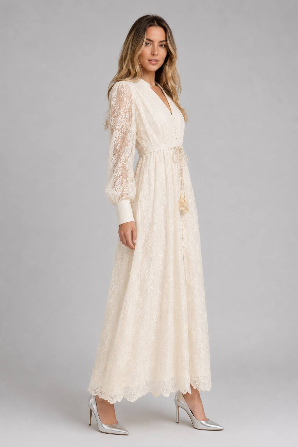 Waist-Cinched Heavy Embroidery V-Neck Lantern Sleeve Single Breasted Maxi Dress