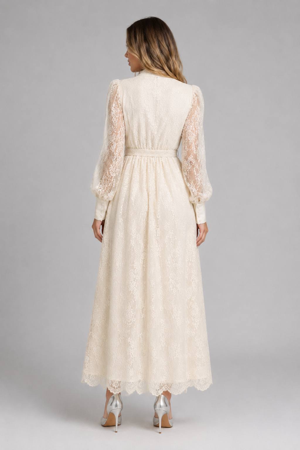 Waist-Cinched Heavy Embroidery V-Neck Lantern Sleeve Single Breasted Maxi Dress