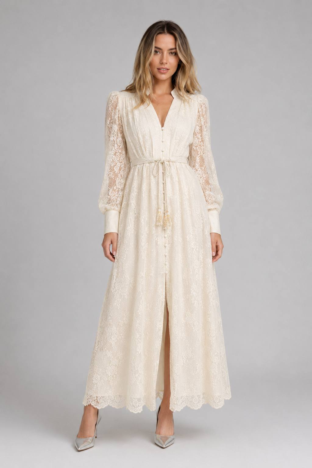 Waist-Cinched Heavy Embroidery V-Neck Lantern Sleeve Single Breasted Maxi Dress