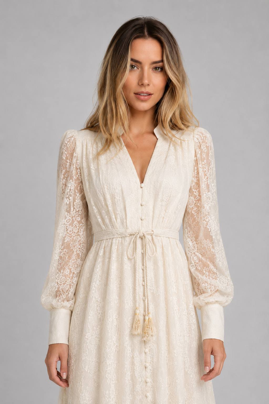 Waist-Cinched Heavy Embroidery V-Neck Lantern Sleeve Single Breasted Maxi Dress