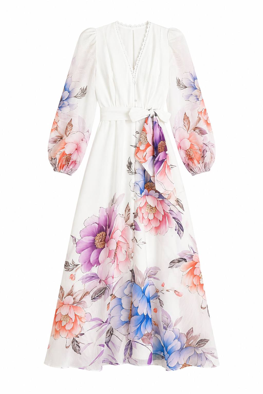Vintage Romantic Rose Print Lace Panel V-Neck Dress