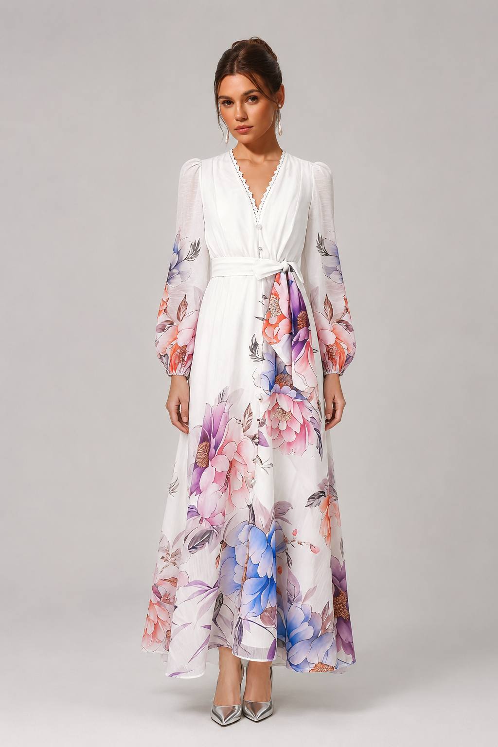 Vintage Romantic Rose Print Lace Panel V-Neck Dress