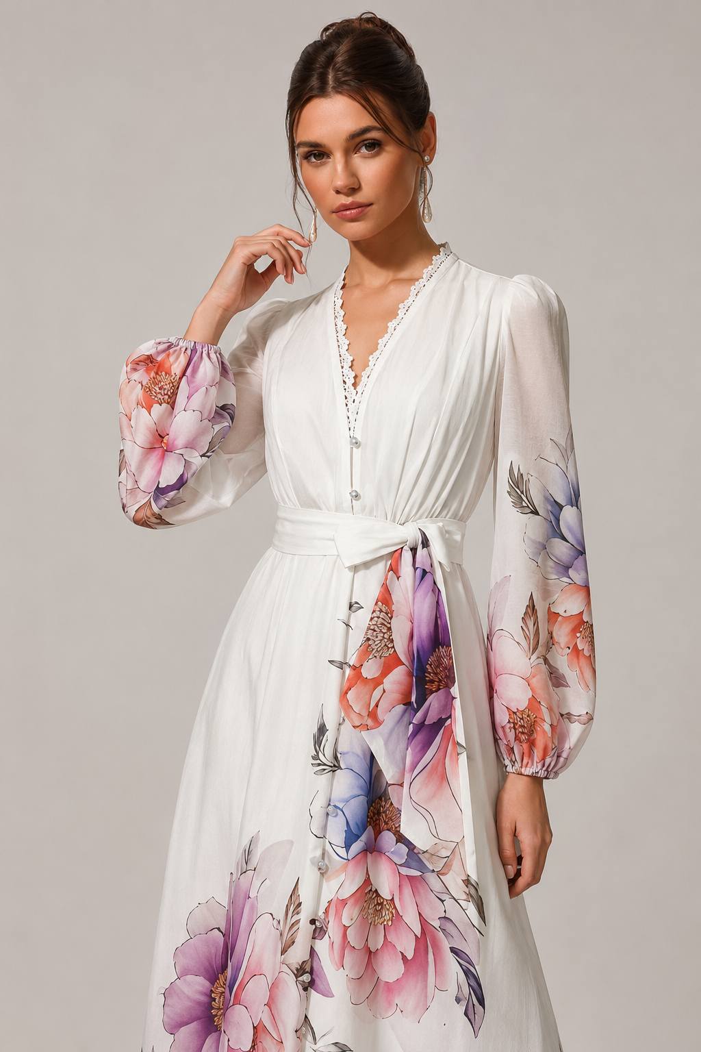 Vintage Romantic Rose Print Lace Panel V-Neck Dress