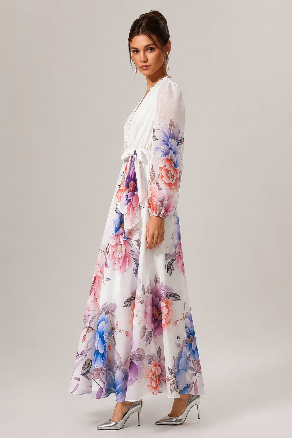 Vintage Romantic Rose Print Lace Panel V-Neck Dress