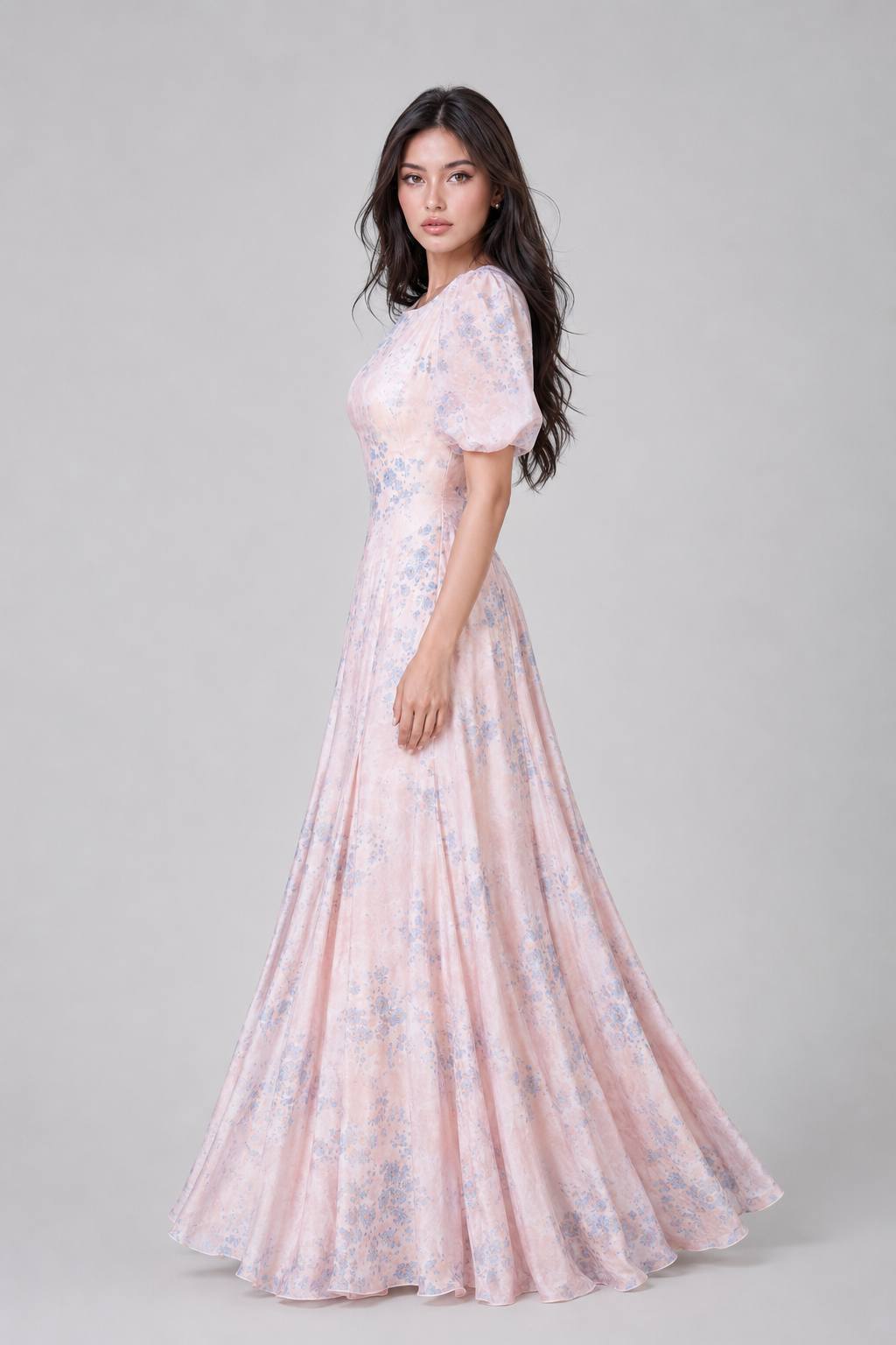 Round Neck Short Sleeve Slimming Waist-Cinched A-Line Flared Maxi Dress