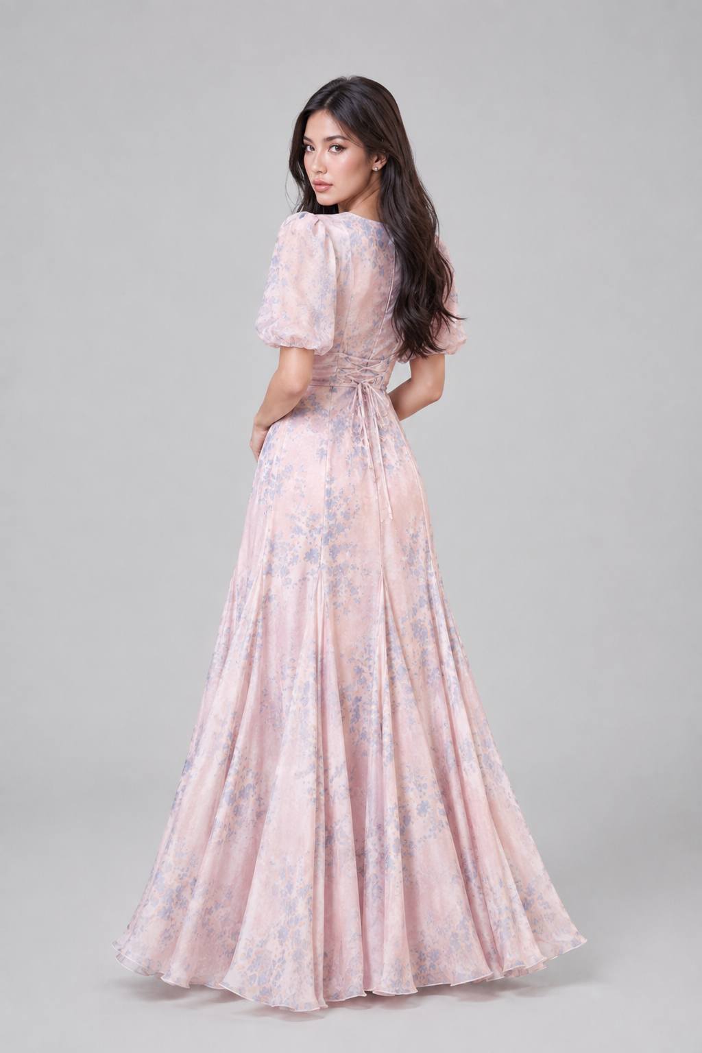 Round Neck Short Sleeve Slimming Waist-Cinched A-Line Flared Maxi Dress